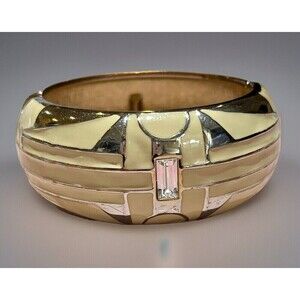 Silver Tone Yellow Enamel Crystal Wide Hinged Clamper Bangle Bracelet Art Deco